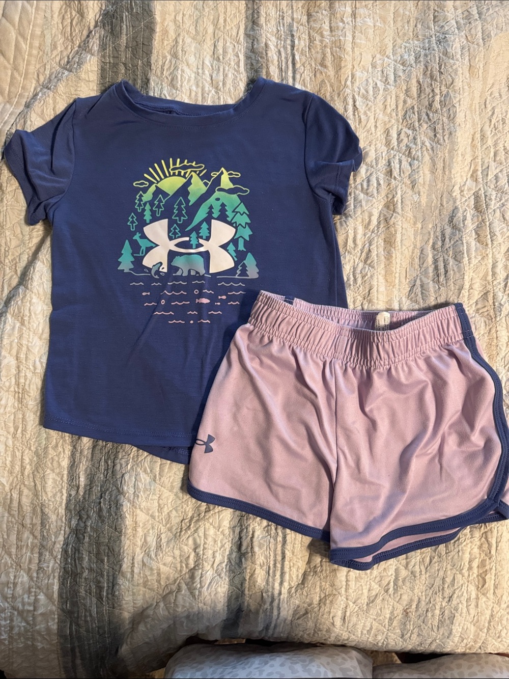 Under Armour Navy Blue and Lime Green little Girls Shirt